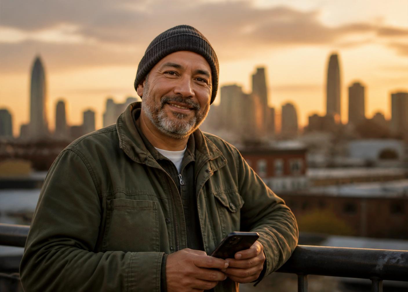Sunrise over a city with a hopeful person